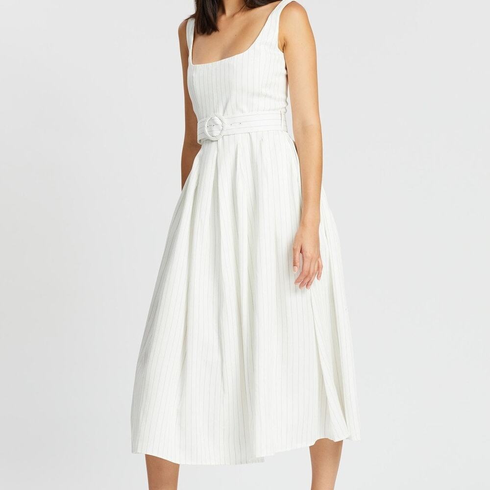 Misha Collection Karmella Dress Womens 8 Ivory Pinstripe Midi Tencel